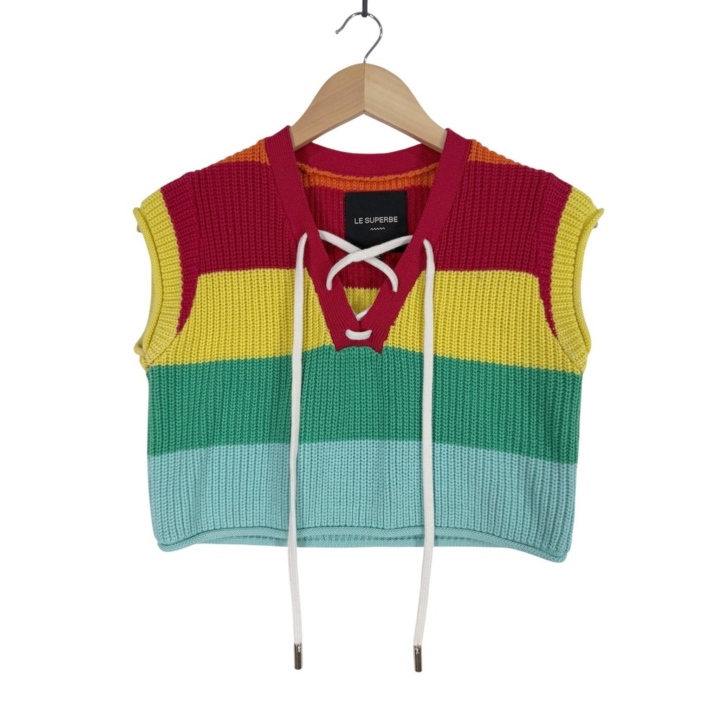 Le Superbe Knit Vest Women XS Rainbow Stripe Lace Up Cashmere Silk Blend